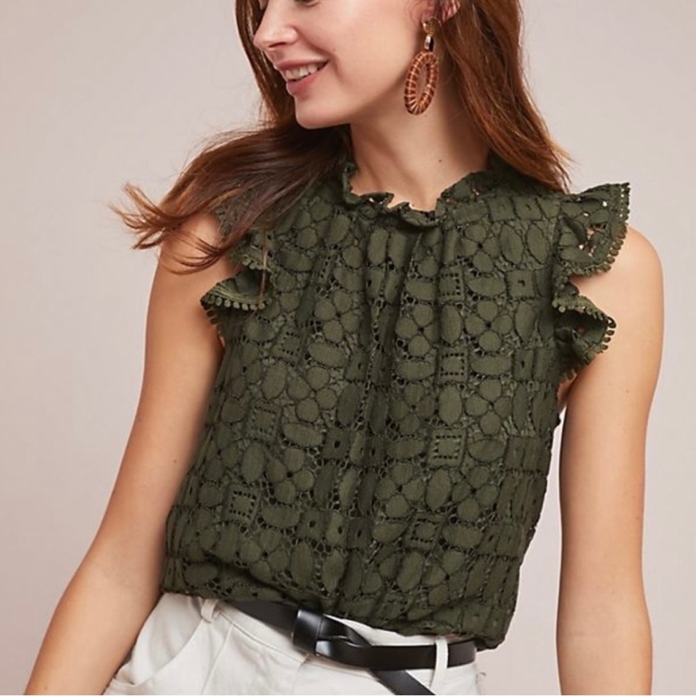Anthropologie Maeve Angelica Olive Green Flutter
Sleeve Lace Top (size 6)